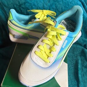 Puma White, Neon Yellow & Aqua Low-Top Sneakers